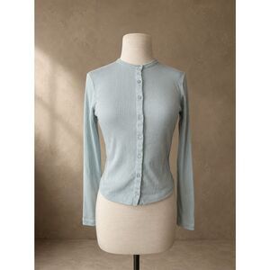 Uniqlo Sz S Pointelle Ribbed Cardigan Top Light Blue Scallop Trim